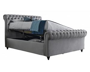 4ft6 Double Osmond Grey Velvet Chesterfield Scroll Rolled Ottoman Storage Bed Frame